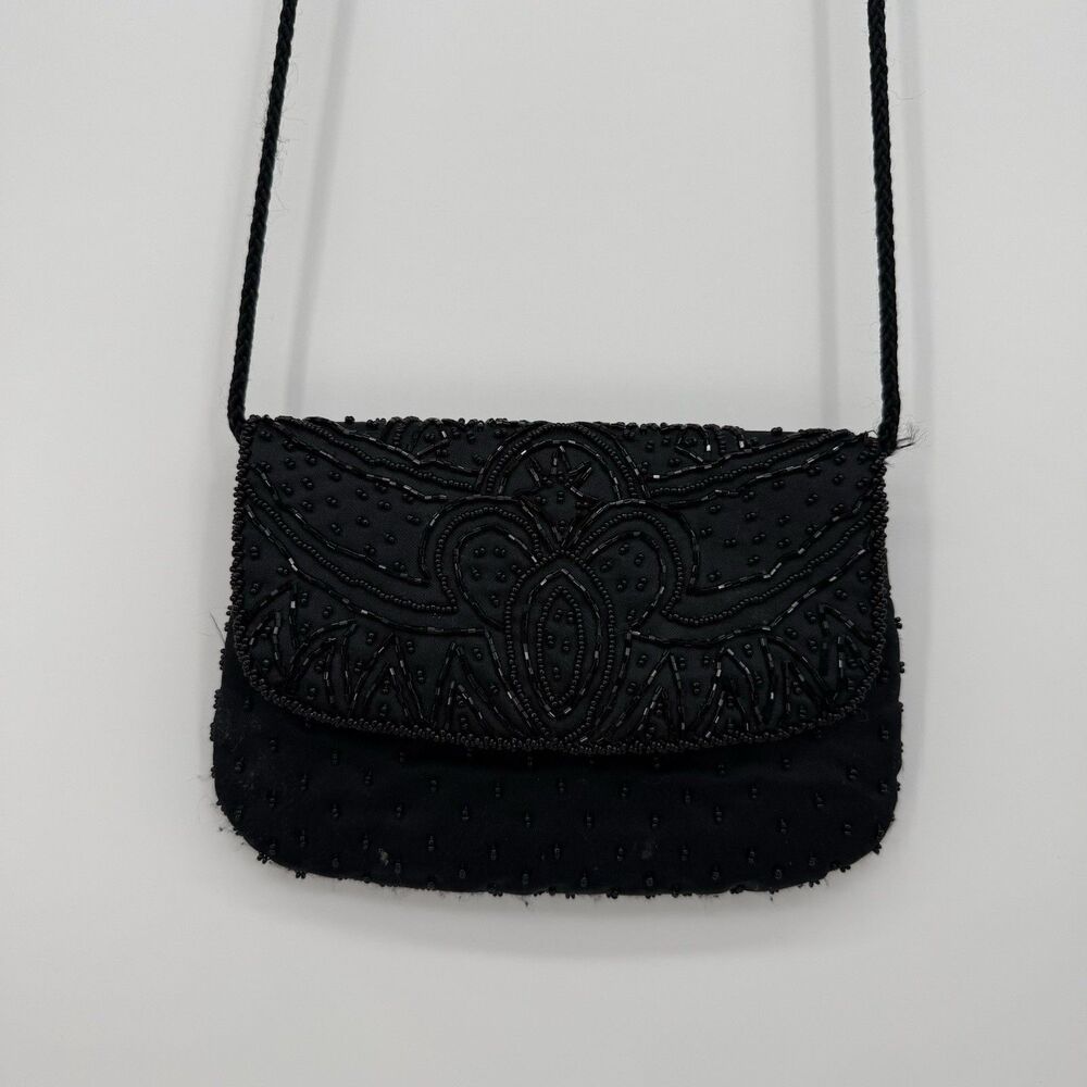 La Regale Vintage Black Beaded Satin Crossbody Small Bag Clutch Evening Formal